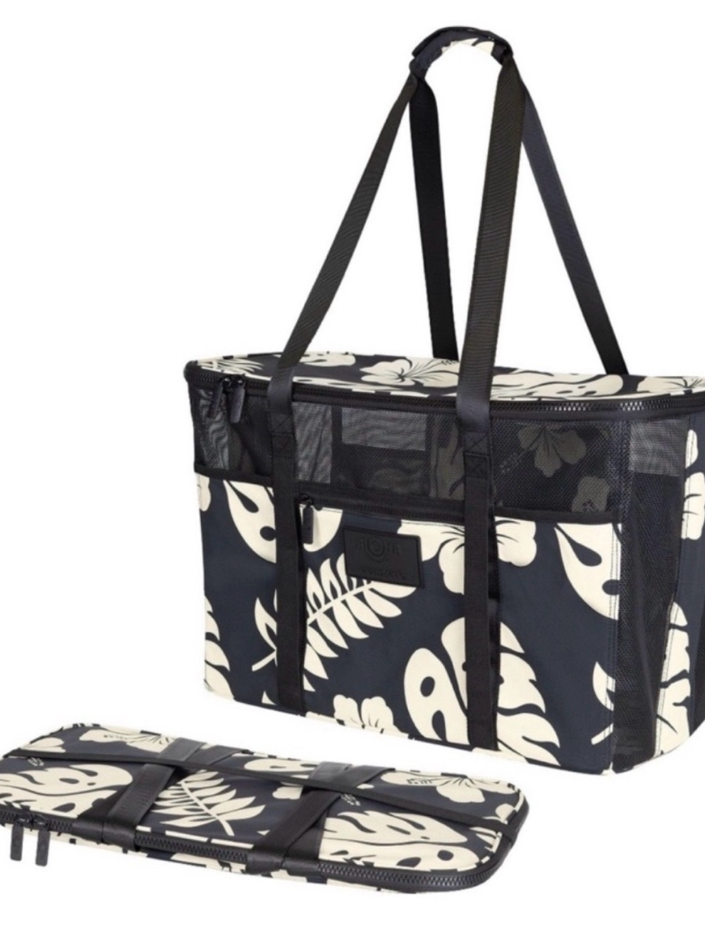ALOHA Collection Black and Cream Floral Collapsible Tote
